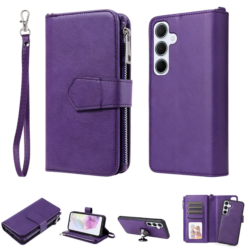 For Samsung Galaxy A35 5G Magnetic Leather Case Mobile Cover with Detachable Zipper Wallet Strap - Purple
