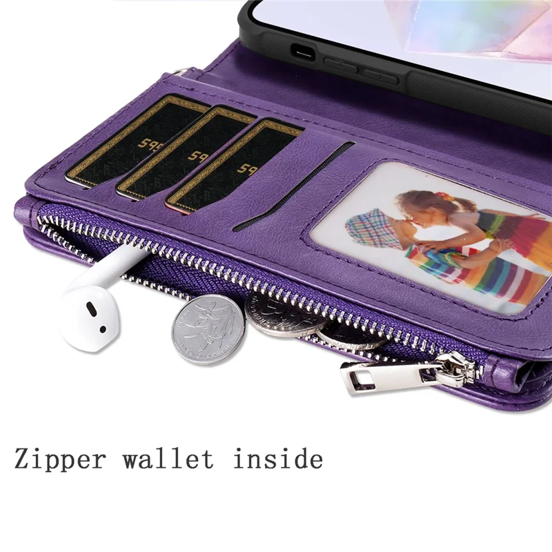 For Samsung Galaxy A35 5G Magnetic Leather Case Mobile Cover with Detachable Zipper Wallet Strap - Purple