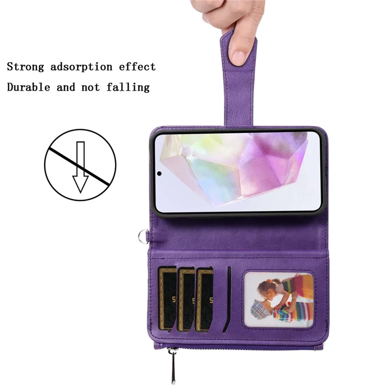For Samsung Galaxy A35 5G Magnetic Leather Case Mobile Cover with Detachable Zipper Wallet Strap - Purple