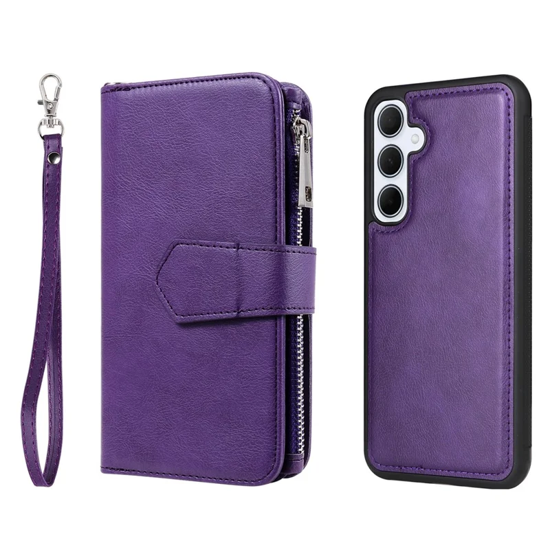 For Samsung Galaxy A35 5G Magnetic Leather Case Mobile Cover with Detachable Zipper Wallet Strap - Purple