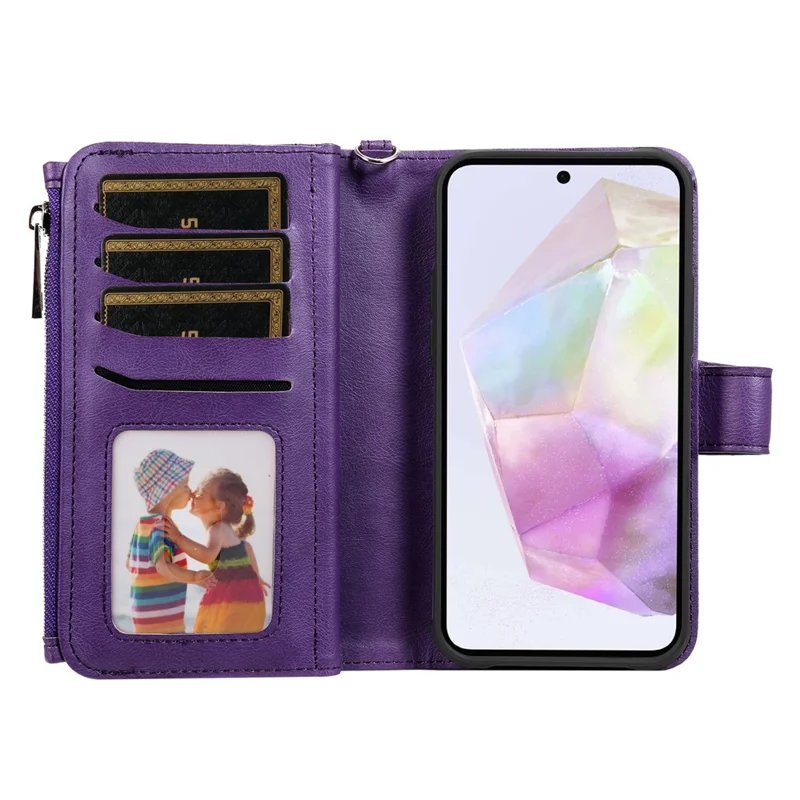 For Samsung Galaxy A35 5G Magnetic Leather Case Mobile Cover with Detachable Zipper Wallet Strap - Purple