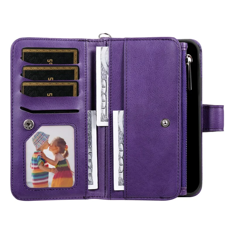 For Samsung Galaxy A35 5G Magnetic Leather Case Mobile Cover with Detachable Zipper Wallet Strap - Purple