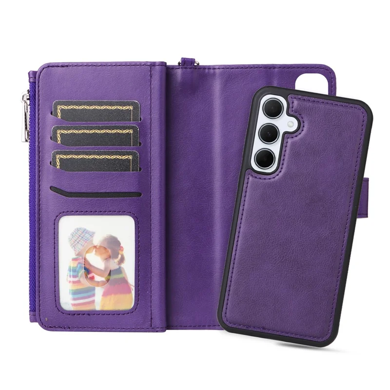 For Samsung Galaxy A35 5G Magnetic Leather Case Mobile Cover with Detachable Zipper Wallet Strap - Purple