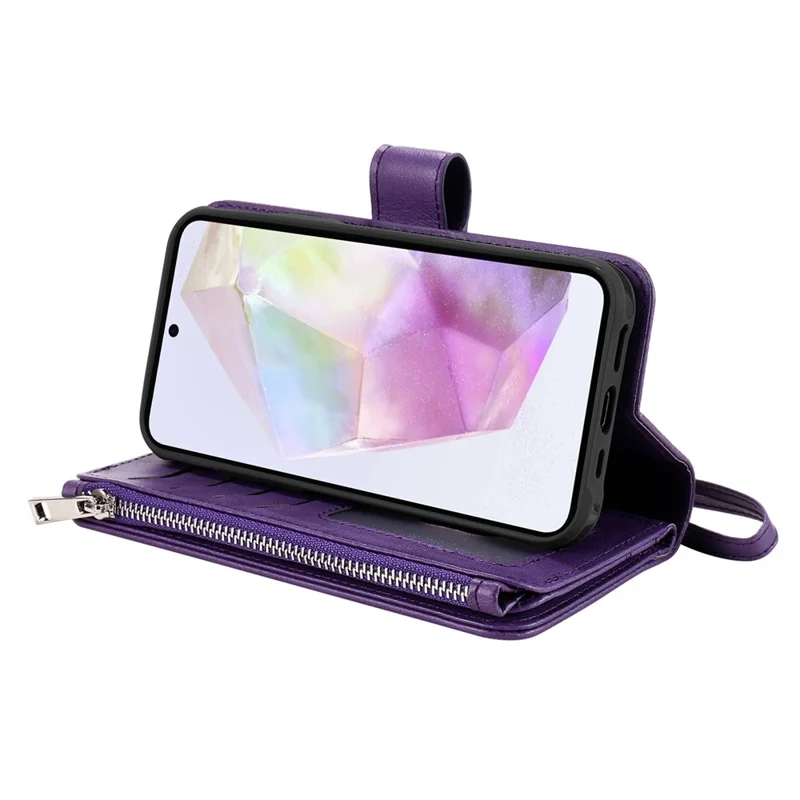 For Samsung Galaxy A35 5G Magnetic Leather Case Mobile Cover with Detachable Zipper Wallet Strap - Purple
