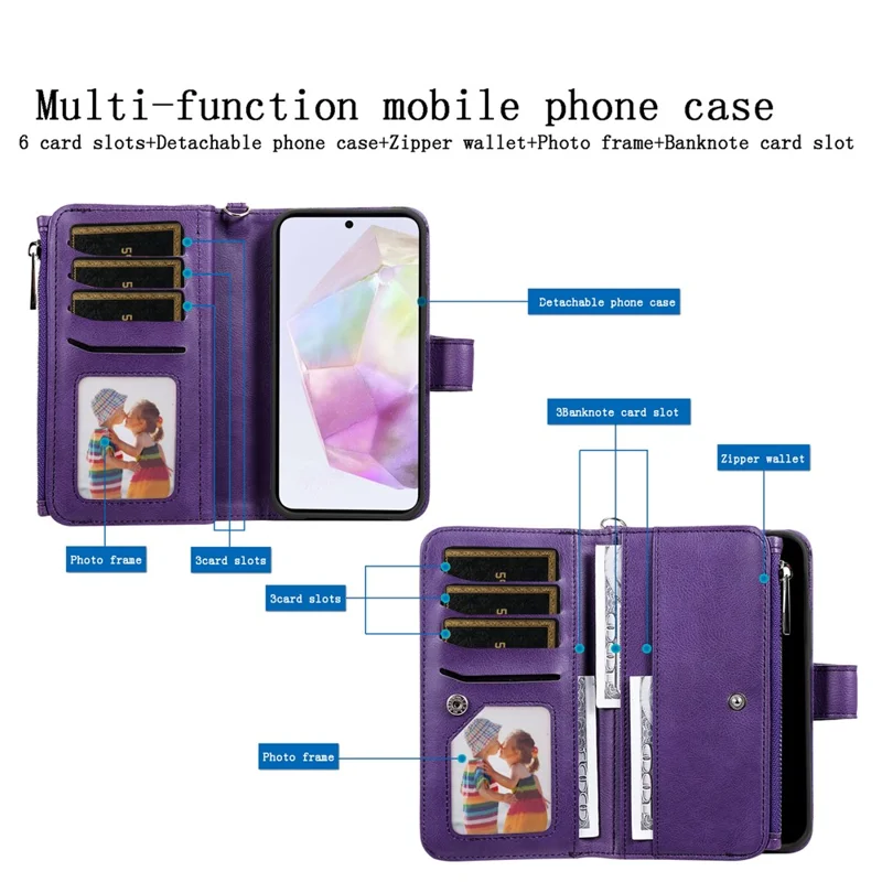 For Samsung Galaxy A35 5G Magnetic Leather Case Mobile Cover with Detachable Zipper Wallet Strap - Purple