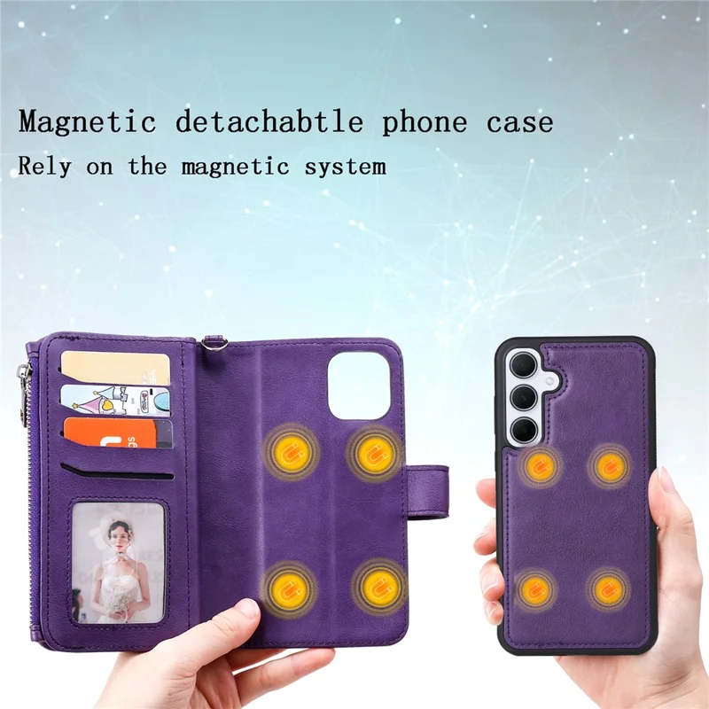 For Samsung Galaxy A35 5G Magnetic Leather Case Mobile Cover with Detachable Zipper Wallet Strap - Purple