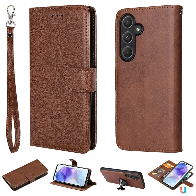 For Samsung Galaxy A55 5G Case 2 in 1 Detachable Magnetic Leather Wallet Mobile Cover with Strap - Brown