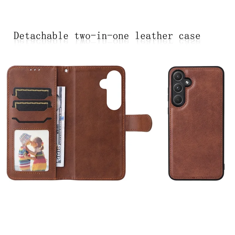 For Samsung Galaxy A55 5G Case 2 in 1 Detachable Magnetic Leather Wallet Mobile Cover with Strap - Brown