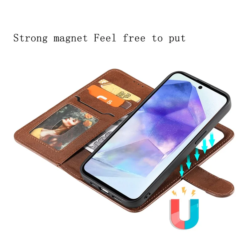 For Samsung Galaxy A55 5G Case 2 in 1 Detachable Magnetic Leather Wallet Mobile Cover with Strap - Brown