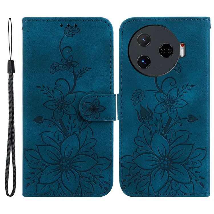 Pour TECNO Camon 30 Pro 5G Etui Portefeuille Motif Lily Anti-Rayures Etui Téléphone en Cuir - Bleu Foncé