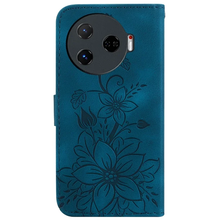 Pour TECNO Camon 30 Pro 5G Etui Portefeuille Motif Lily Anti-Rayures Etui Téléphone en Cuir - Bleu Foncé