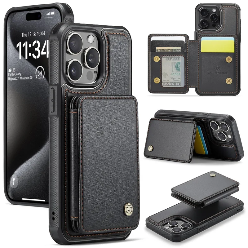JEEHOOD J05 For iPhone 15 Pro Max Case Leather Mobile Cover with Detachable Magnetic Card Bag - Black