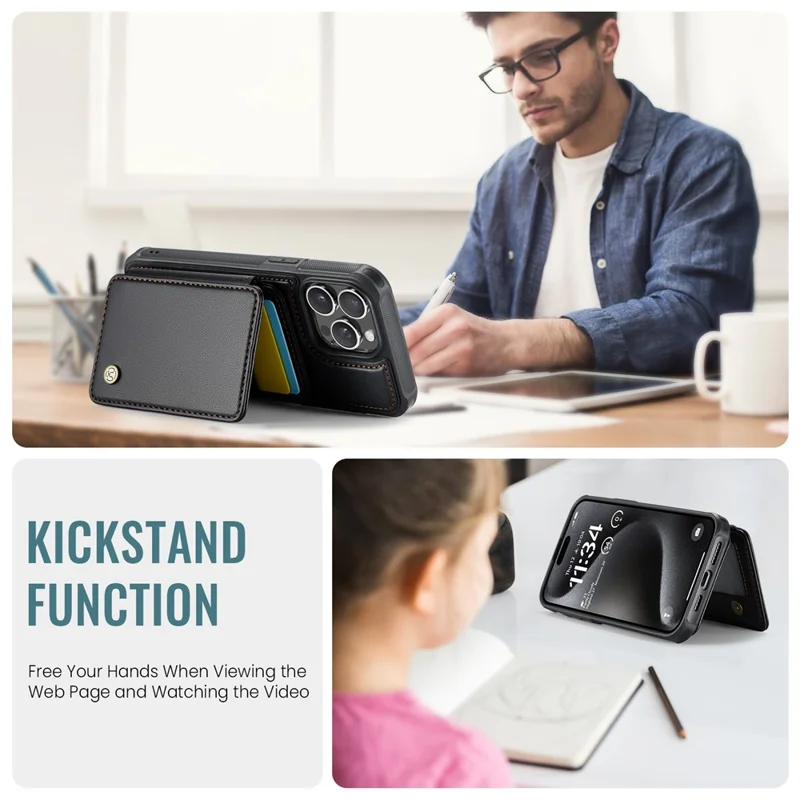 JEEHOOD J05 For iPhone 15 Pro Max Case Leather Mobile Cover with Detachable Magnetic Card Bag - Black