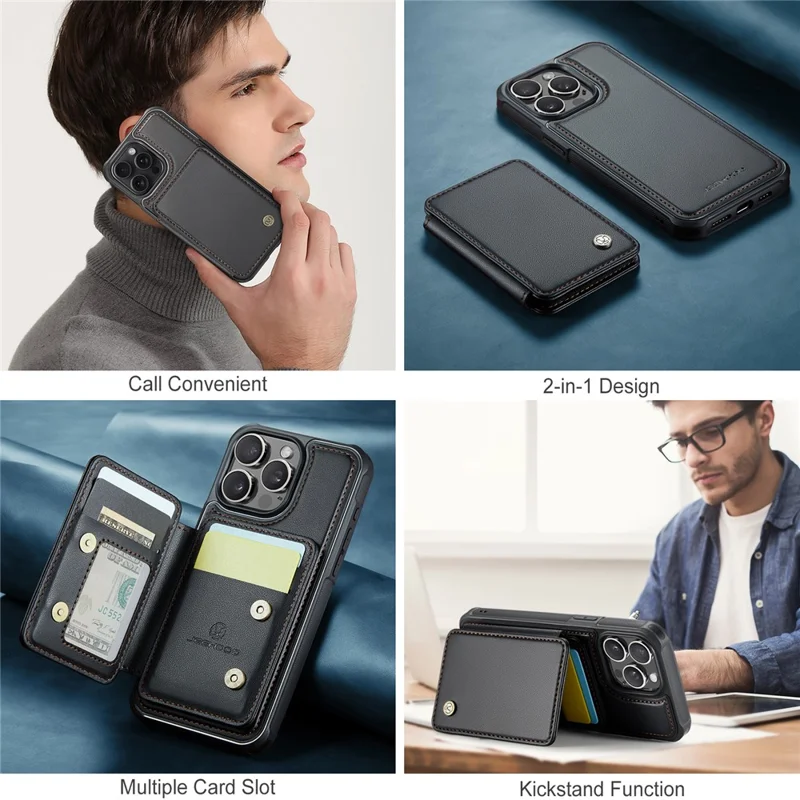 JEEHOOD J05 For iPhone 15 Pro Max Case Leather Mobile Cover with Detachable Magnetic Card Bag - Black