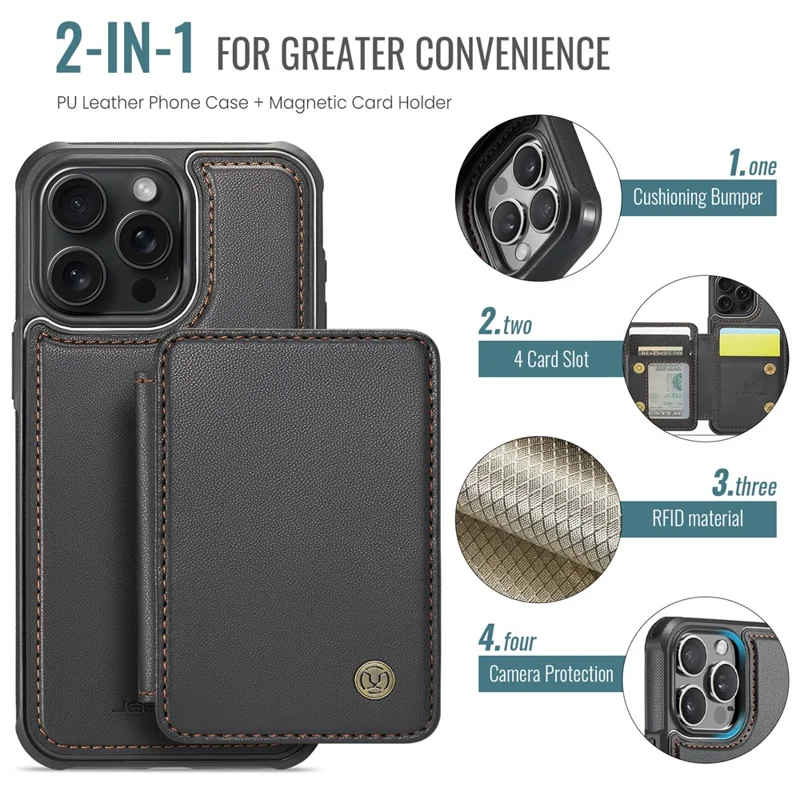 JEEHOOD J05 For iPhone 15 Pro Max Case Leather Mobile Cover with Detachable Magnetic Card Bag - Black