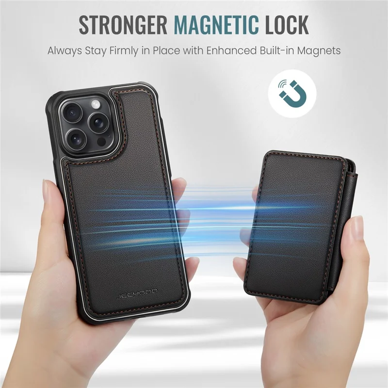 JEEHOOD J05 For iPhone 15 Pro Max Case Leather Mobile Cover with Detachable Magnetic Card Bag - Black