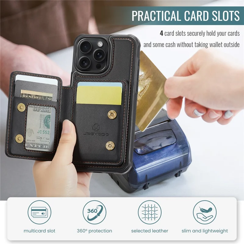 JEEHOOD J05 For iPhone 15 Pro Max Case Leather Mobile Cover with Detachable Magnetic Card Bag - Black