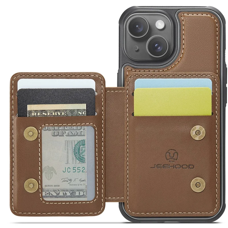 JEEHOOD J05 For iPhone 15 Case Leather Mobile Cover with Detachable Magnetic Card Bag - Brown