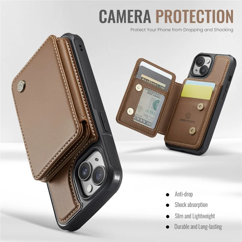 JEEHOOD J05 For iPhone 15 Case Leather Mobile Cover with Detachable Magnetic Card Bag - Brown