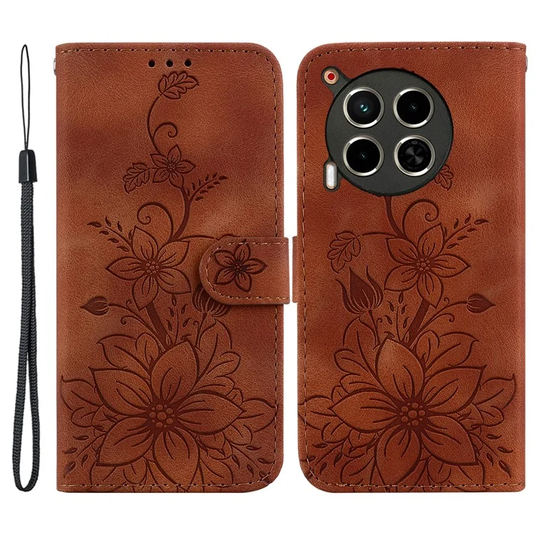 Para TECNO Camon 30 4G / 30 5G Carteira Caso Anti-Risco Lírio Impressão de Couro Capa de Telefone - Marrom