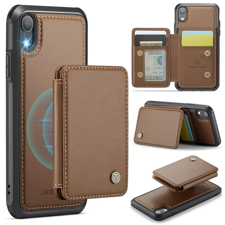 JEEHOOD J05 Funda para iPhone XR con soporte, Bolsa magnética para tarjetas, Cubierta de teléfono desmontable - Marrón