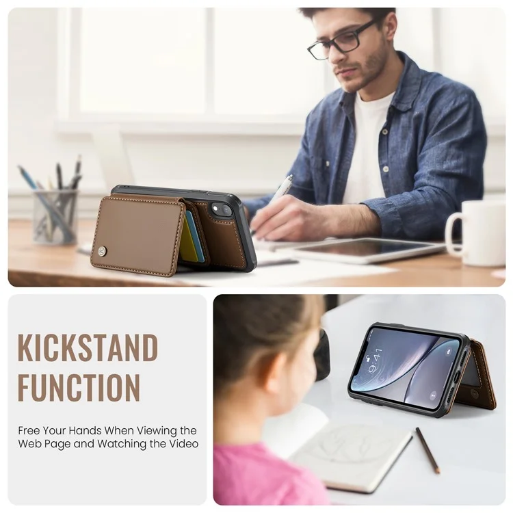 JEEHOOD J05 Funda para iPhone XR con soporte, Bolsa magnética para tarjetas, Cubierta de teléfono desmontable - Marrón