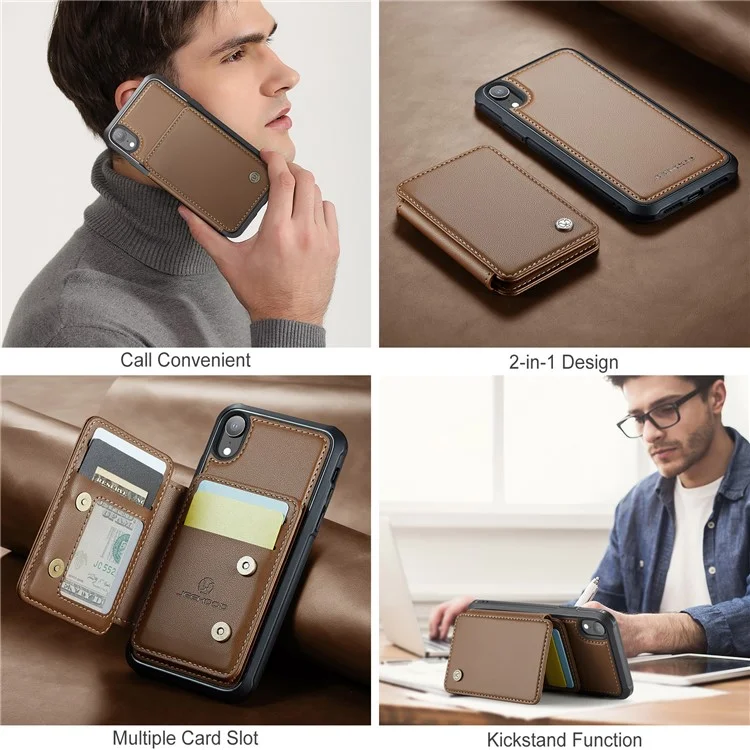 JEEHOOD J05 Funda para iPhone XR con soporte, Bolsa magnética para tarjetas, Cubierta de teléfono desmontable - Marrón