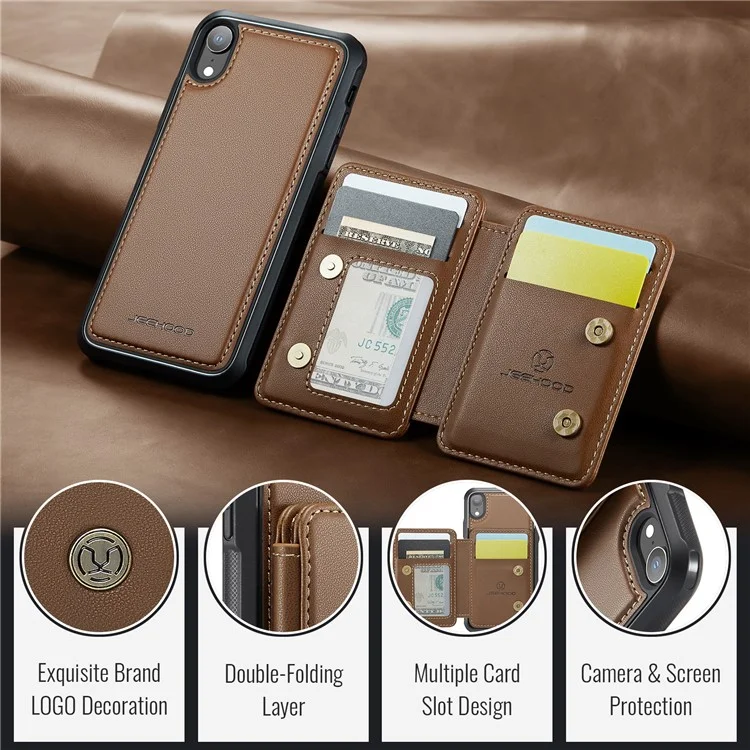 JEEHOOD J05 Funda para iPhone XR con soporte, Bolsa magnética para tarjetas, Cubierta de teléfono desmontable - Marrón