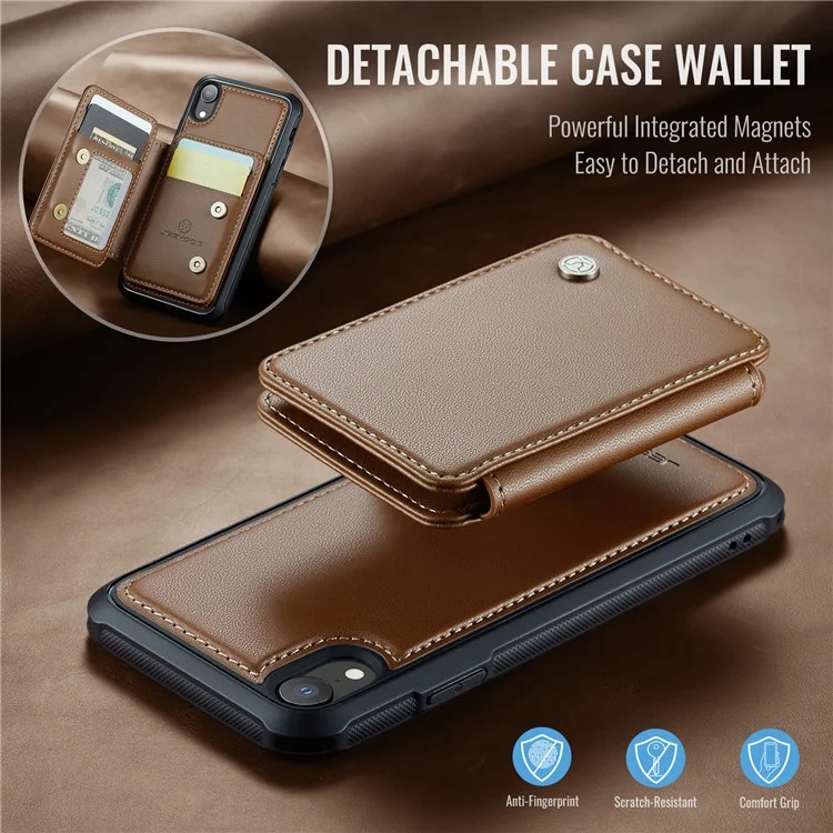 JEEHOOD J05 Funda para iPhone XR con soporte, Bolsa magnética para tarjetas, Cubierta de teléfono desmontable - Marrón