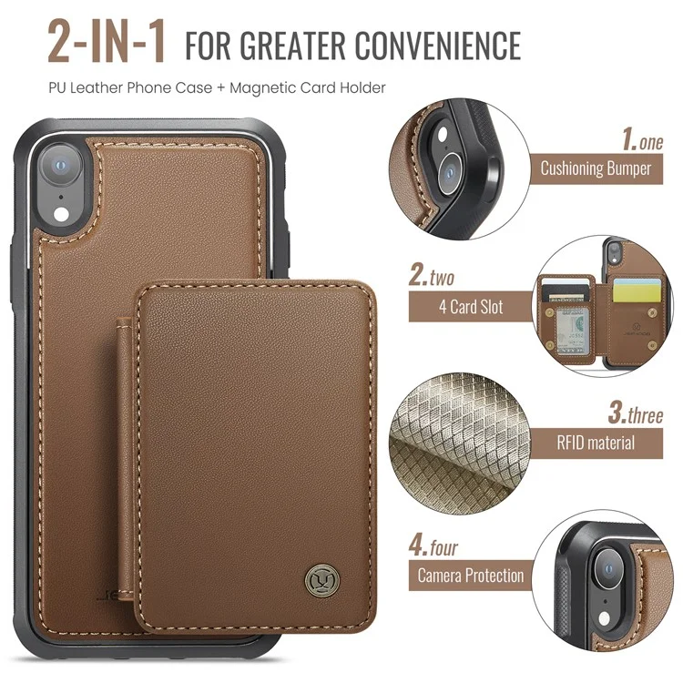 JEEHOOD J05 Funda para iPhone XR con soporte, Bolsa magnética para tarjetas, Cubierta de teléfono desmontable - Marrón