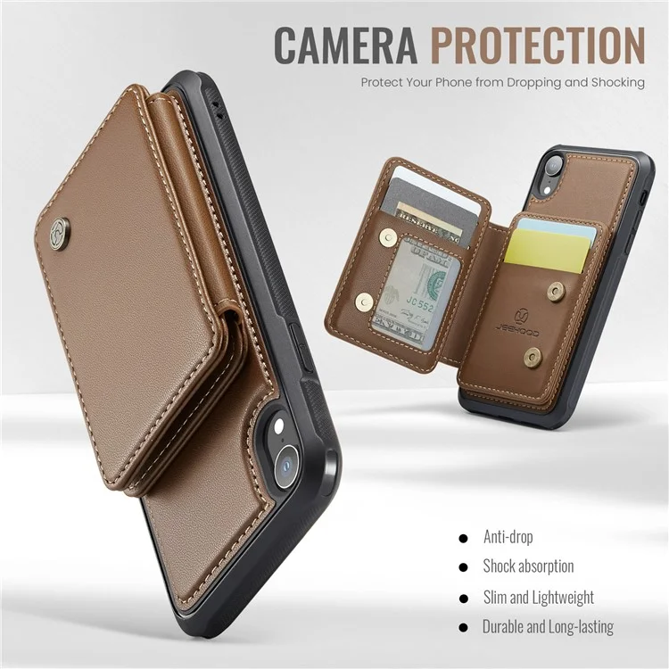 JEEHOOD J05 Funda para iPhone XR con soporte, Bolsa magnética para tarjetas, Cubierta de teléfono desmontable - Marrón