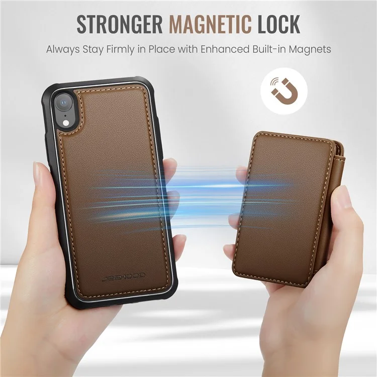 JEEHOOD J05 Funda para iPhone XR con soporte, Bolsa magnética para tarjetas, Cubierta de teléfono desmontable - Marrón