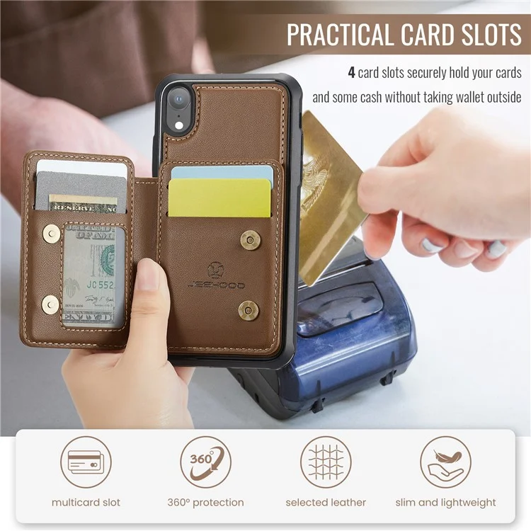 JEEHOOD J05 Funda para iPhone XR con soporte, Bolsa magnética para tarjetas, Cubierta de teléfono desmontable - Marrón