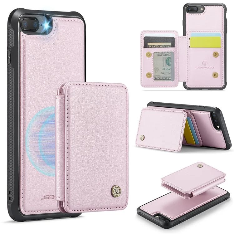 JEEHOOD J05 para iPhone 6 Plus / 7 Plus / 8 Plus / 6s Plus de 5,5 polegadas Capa Magnética Destacável Bolsa de Cartão TPU + Couro Capa de Telefone - Rosa