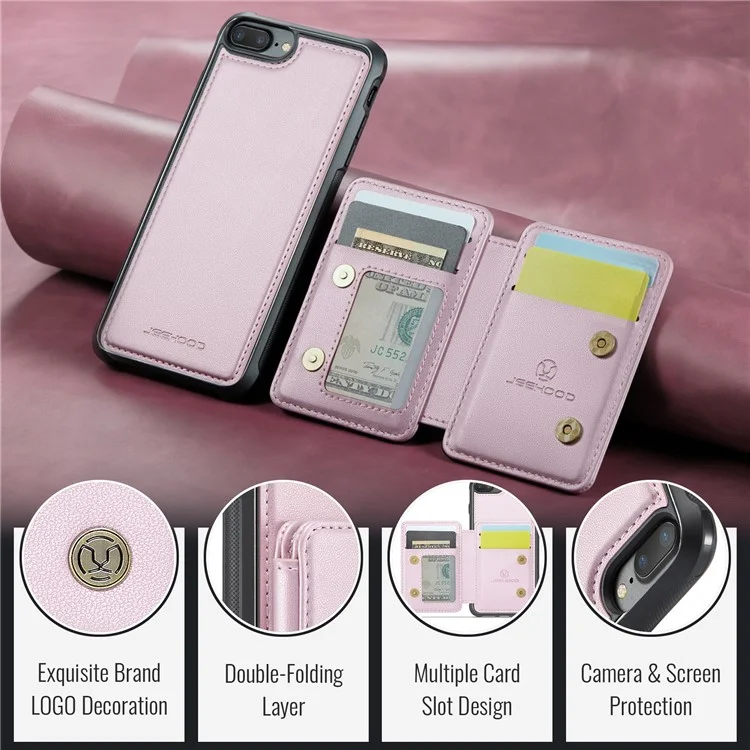 JEEHOOD J05 para iPhone 6 Plus / 7 Plus / 8 Plus / 6s Plus de 5,5 polegadas Capa Magnética Destacável Bolsa de Cartão TPU + Couro Capa de Telefone - Rosa