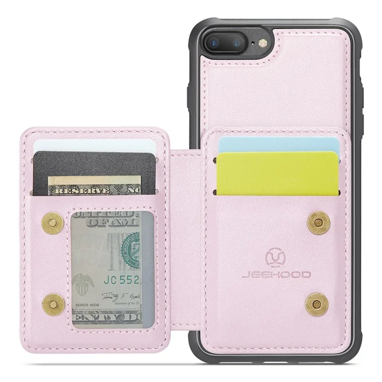 JEEHOOD J05 para iPhone 6 Plus / 7 Plus / 8 Plus / 6s Plus de 5,5 polegadas Capa Magnética Destacável Bolsa de Cartão TPU + Couro Capa de Telefone - Rosa