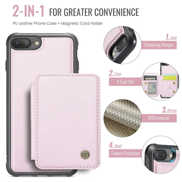 JEEHOOD J05 para iPhone 6 Plus / 7 Plus / 8 Plus / 6s Plus de 5,5 polegadas Capa Magnética Destacável Bolsa de Cartão TPU + Couro Capa de Telefone - Rosa