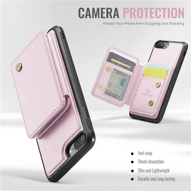 JEEHOOD J05 para iPhone 6 Plus / 7 Plus / 8 Plus / 6s Plus de 5,5 polegadas Capa Magnética Destacável Bolsa de Cartão TPU + Couro Capa de Telefone - Rosa
