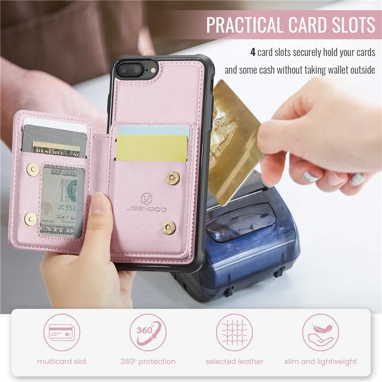 JEEHOOD J05 para iPhone 6 Plus / 7 Plus / 8 Plus / 6s Plus de 5,5 polegadas Capa Magnética Destacável Bolsa de Cartão TPU + Couro Capa de Telefone - Rosa