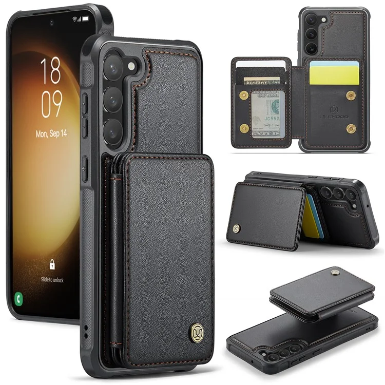 JEEHOOD J05 Para Samsung Galaxy S23+ Case Bolsa Magnética Destacável Cartão TPU+PU Capa de Telefone - Preto