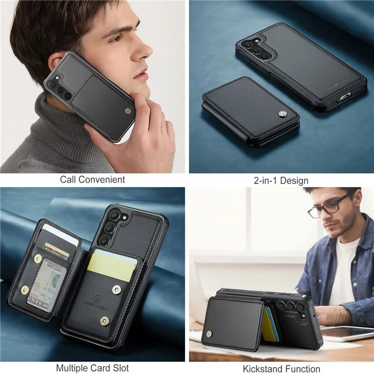 JEEHOOD J05 Para Samsung Galaxy S23+ Case Bolsa Magnética Destacável Cartão TPU+PU Capa de Telefone - Preto