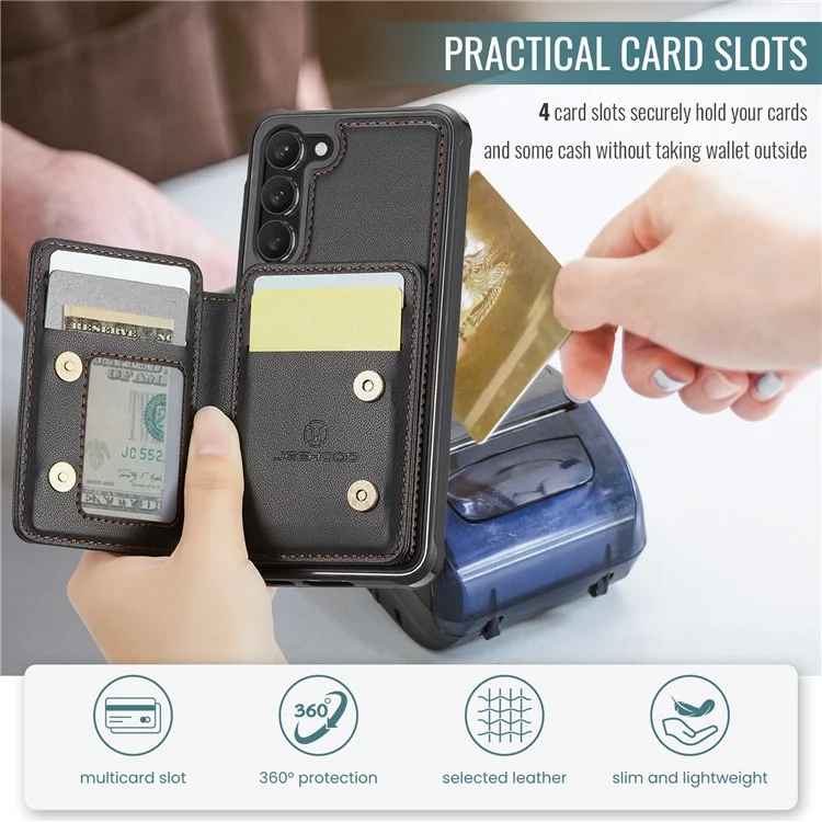 JEEHOOD J05 Para Samsung Galaxy S23+ Case Bolsa Magnética Destacável Cartão TPU+PU Capa de Telefone - Preto