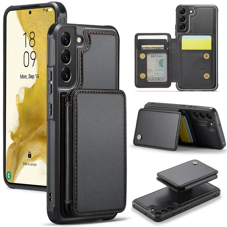 JEEHOOD J05 per Samsung Galaxy S22+ 5G Custodia TPU+Pelle Cover Telefonica con Borsa per Carte Rimovibile Magnetica - Nero