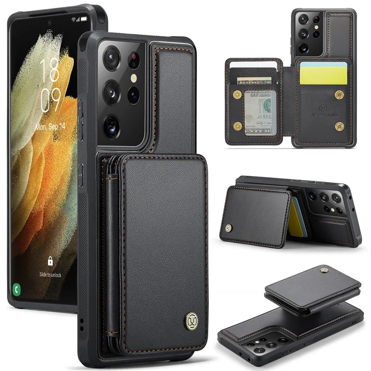 JEEHOOD J05 For Samsung Galaxy S21 Ultra 5G Case Leather Mobile Cover with Detachable Magnetic Card Bag - Black