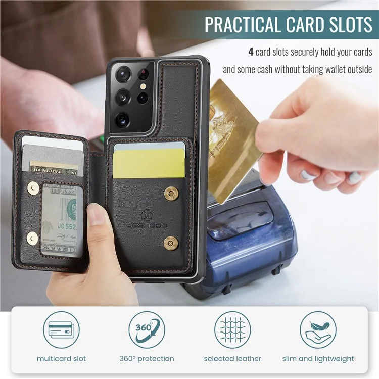JEEHOOD J05 For Samsung Galaxy S21 Ultra 5G Case Leather Mobile Cover with Detachable Magnetic Card Bag - Black
