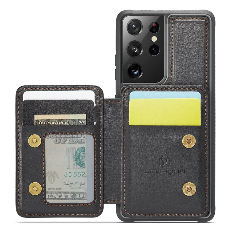 JEEHOOD J05 For Samsung Galaxy S21 Ultra 5G Case Leather Mobile Cover with Detachable Magnetic Card Bag - Black