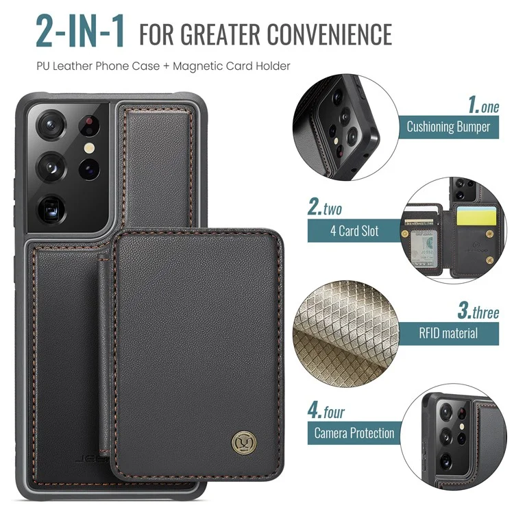 JEEHOOD J05 For Samsung Galaxy S21 Ultra 5G Case Leather Mobile Cover with Detachable Magnetic Card Bag - Black