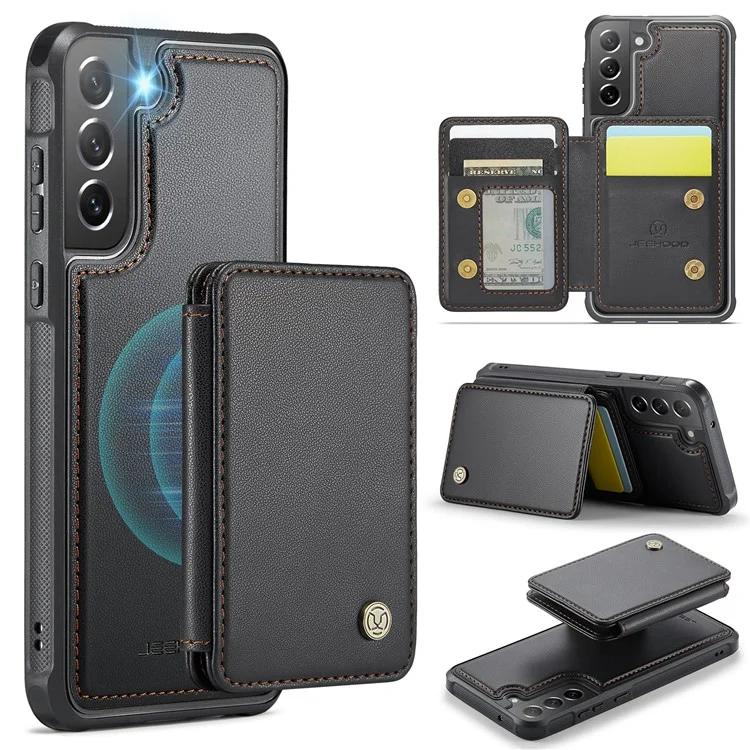 JEEHOOD J05 Pour Samsung Galaxy S21 FE 5G Étui magnétique en PU+TPU avec support Étui de téléphone Sac amovible pour carte - Noir