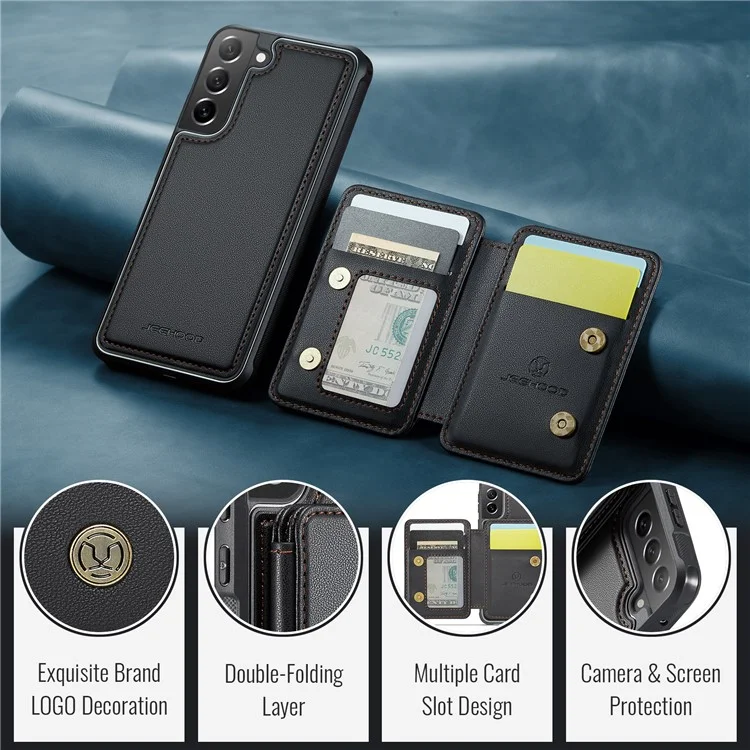 JEEHOOD J05 Pour Samsung Galaxy S21 FE 5G Étui magnétique en PU+TPU avec support Étui de téléphone Sac amovible pour carte - Noir