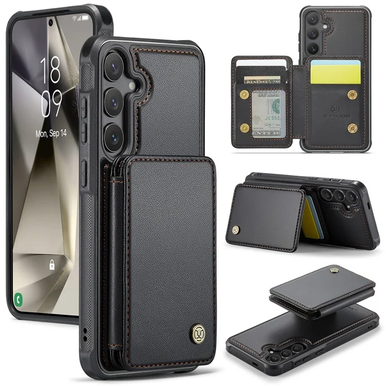 JEEHOOD J05 für Samsung Galaxy S24 Magnetische Hülle mit Ständer TPU Telefonhülle Abnehmbare Kartentasche - Schwarz